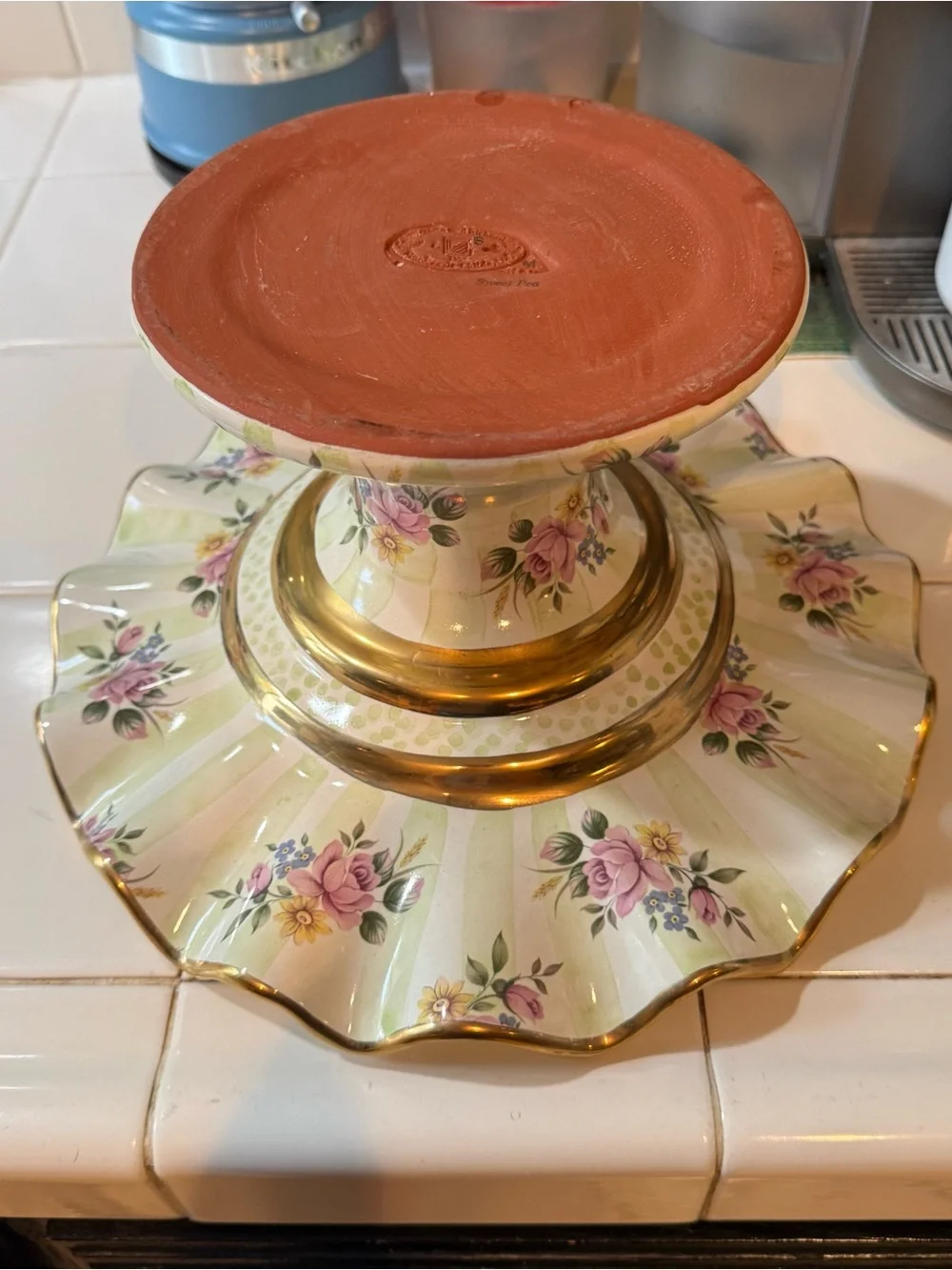 Vintage MacKenzie-Childs Sweet Pea Honeymoon Yellow Check Cake Stand